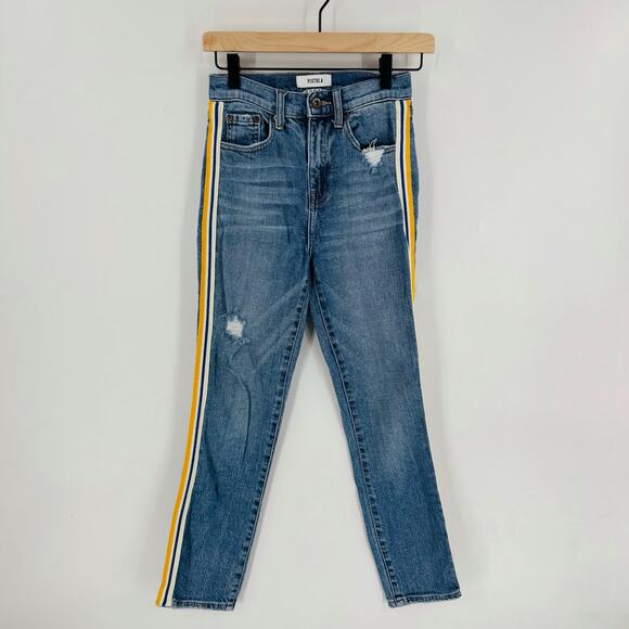 Pistola High Rise Skinny Jeans Size 25 Blue Distressed Stripe Side Tape Denim - Picture 1 of 7